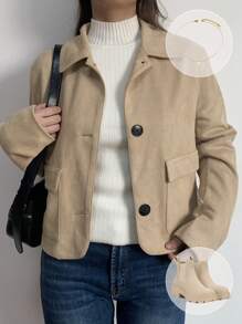 SHEIN BASICS Women Casual Solid Color Woven Turndown Collar Long Sleeve Fall Jacket, Warm Comfort, Cozy Chic, Daily Commute