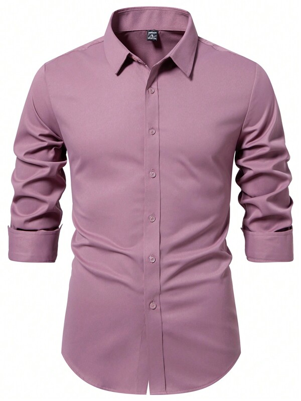 Manfinity Mode Men's Simple Solid Color Button-Up Long Sleeve Casual Shirt, Autumn