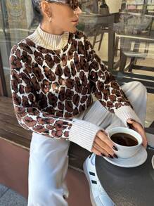 RueChic Women Round Neck Soft Touch Warm Leopard Print Sweater Pullover - Brown - View 7