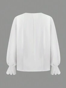 SHEIN Unity Women Elegant V-Neck Decorated Cuff Pleated Long Sleeve Blouse