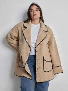 Aveloria Plus Size French Chic Versatile Turndown Collar Contrast Color Shell Embroidery Faux Pocket Jacket 
