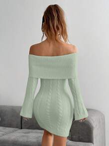 SHEIN Unity Off Shoulder Long Sleeve Twist Pattern Fitted Knit Dress - Green - View 2