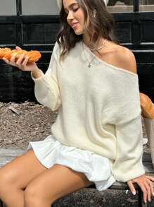 INAWLY Women Casual Loose Fit Solid Color Drop Shoulder Sweater, Autumn/Winter