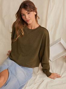 WESTFADE Thermal Crewneck Drop Shoulder Exposed Seam Split High Low Hem Long Sleeve Crop Top - Army Green - View 3