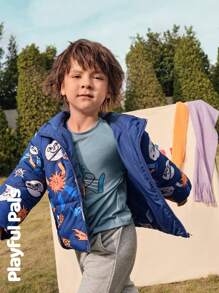 SHEIN 1 pieza Abrigo de invierno para niño pequeño con estampado de planeta divertido, lindo/vintage/casual/para casa/para exteriores en invierno/otoño - Azul Marino - Ver 11