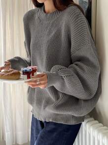 DAZY Solid Color Crew Neck Casual All-Match Pullover Sweater,Fall Clothes - Grey - View 3