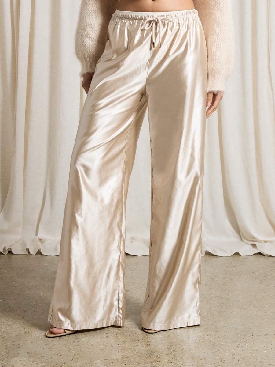 AiiRZ 褶皱缎面抽绳阔腿裤 - 杏色 - 查看 1