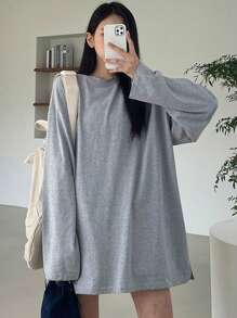 DAZY Áo thun nữ cổ tròn dài xẻ gấu cỡ lớn, quần áo mùa thu dài tay cho nữ - Xám - Xem 3
