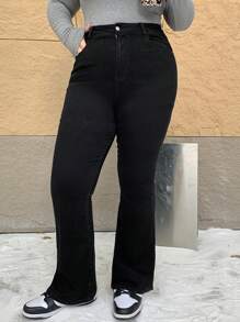 Dazy Plus Plus Size Women Solid Color Pockets Fitted Stretchy Flare Leg Long Jeans - Black - View 6