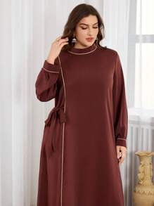 Al Najma Plus Size Women  Style Woven Belt Decor Single Tie Arabian Dress, Casual Modest Tunic Arabian Dresses, For Casual Daily - Coffee Brown - View 3