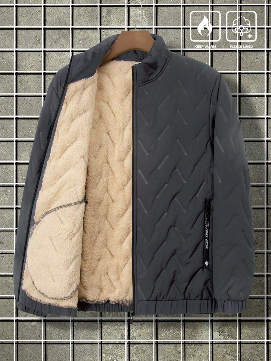 Manfinity Homme Plus Size Men's Solid Color Zipper Collar Fleece Casual Padded Coat, Winter - Dark Grey - View 1