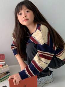 DAZY 青少年女孩休闲日常拼色圆领插肩毛衣，适合秋冬季，返校服装 - 彩色 - 查看 4