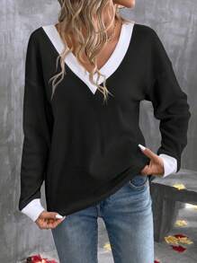 SHEIN LUNE Áo thun tay dài họa tiết khối màu đơn giản dành cho nữ, áo thun họa tiết thu/đông dành cho nữ mùa xuân - Đen và trắng - Xem 6