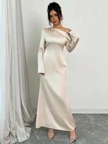 Elenzga 1 chiếc váy dài tay thanh lịch bằng vải satin cổ bất đối xứng màu trơn - Màu be - Xem 5