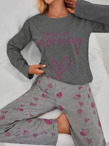 EURMUSE 100% Cotton 2Pcs  Contrast Colour Heart Printed PJ Set - Dark Grey - View 3