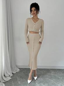 Chiquease 2pcs Women Autumn Simple Elegant Ruffled Hem Sweater And Button Decor Sweater Skirt Set - Khaki - View 6