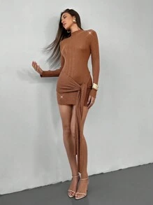 Aloruh Women Warm Plain Glitter Party Ripped Lace-Up Turtleneck Straps Slim Brown Purl  Mini Sweater Dress, Autumn/Winter New Arrival - Brown - View 4