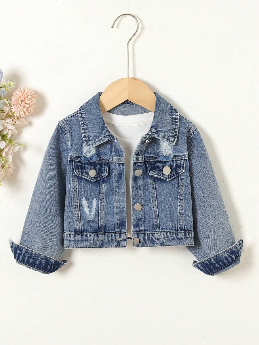 Áo khoác denim rách cài nút phía trước cho bé gái - Màu xanh lam - Xem 1
