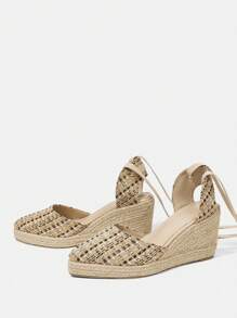 Styleloop 时尚女士帆布厚底坡跟凉鞋，配有性感的交叉绳带，舒适百搭，适合度假/户外穿着，适合圣诞节和新年假期氛围，秋冬季 - 棕色 - 查看 4