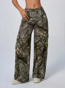 SHEIN ICON 女士时尚百搭休闲全印花宽松牛仔裤 低腰直筒牛仔裤 - 彩色 - 查看 1