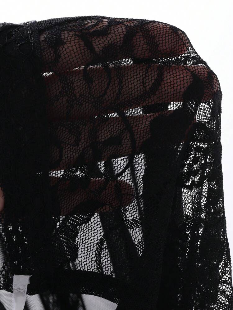 Lace Contrast Mesh Sheer Bowknot Tie Design Slim Sexy Nightgown Lingerie For Women