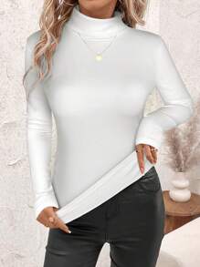 SHEIN Clasi 大码纯色高领褶皱保暖内衬休闲百搭长袖 T 恤，秋冬 - 白色 - 查看 8