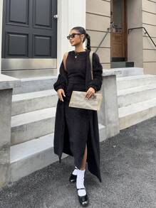 SHEIN EZwear 女式两件套长袖超长夹克和侧开衩背心裙 - 黑色 - 查看 6