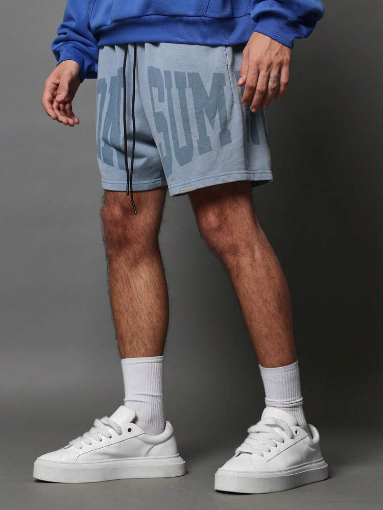 Drop Crotch Washed Short With Letter Graphic Print