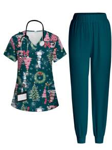 PopScrub Christmas Cartoon Snowman & Christmas Tree Print Nurse Scrub Uniform Set - White - View 1