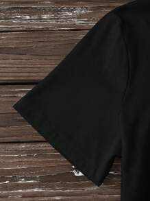 SHEIN LUNE 圣诞休闲雪人与雪花图案宽松圆领短袖女士 T 恤，圣诞主题服装上衣（含 34% 棉） - 黑色 - 查看 4