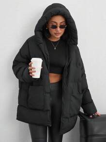 SHEIN Tall Zip Up Hooded Padded Coat With Two Pockets - Black - View 3