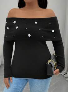 SHEIN Clasi Plus Size Floral Faux Pearls Decor Foldover Off-Shoulder Elegant Long Sleeve Pullover Sweater Knit Pullover Fall Winter - Black - View 1
