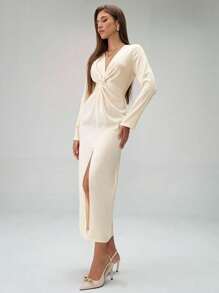 SHEIN Unity Women's Elegant Solid Color Twist Front Slit Dress For Autumn - Apricot - View 3