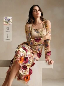 Anewsta 女士方领优雅刺绣手工串珠花卉连衣裙（印花不对称图案） - 杏色 - 查看 7