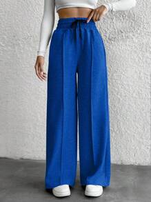 Cottnline Petite Drawstring Waist Wide Leg Pants - Royal Blue - View 4