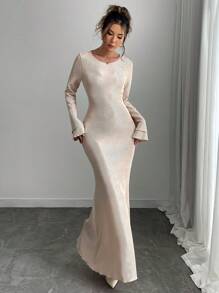 Chiquease Women Elegant Solid Color Pleated Bell Sleeve Mermaid Hem Fitted Dress, Spring/Autumn - Apricot - View 3