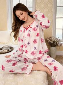 Floral Print Square Neck Bow Decor Women Pajama Set