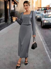 SHEIN Clasi 女士商务套装，简约优雅日常和工作装：西装上衣 + 直下摆长袖中长连衣裙，深灰色 - 深灰色 - 查看 5