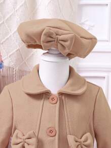 SHEIN 1Set Young Girl Casual Cute Bow Decor Jacket And Beret Hat - Khaki - View 6