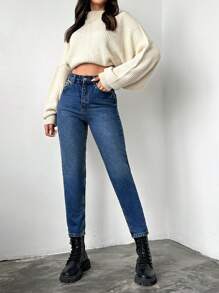 SHEIN Cottnline 100%Cotton Slim Fit Denim Jeans With Slant Pockets - Dark Wash - View 3