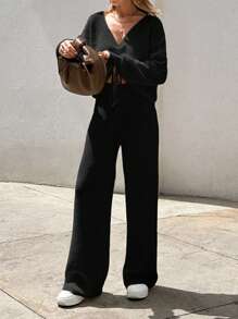 EURMUSE V Neck Sweater Top And Trouser Elegant Simple - Black - View 2