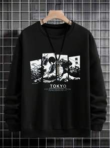 SHEIN Cottnline Men's Casual Japanese Style Landscape Print Crew Neck Sweatshirt - Black - View 3