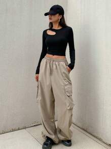 DAZY Áo thun nữ tay dài cổ tròn khoét rỗng màu trơn, quần áo mùa thu, áo crop top nữ - màu đen - Xem 7