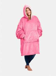 1pc Plain Color Plush Hooded Wearable Blanket With Pocket, Long Sleeve - Pink - View 2