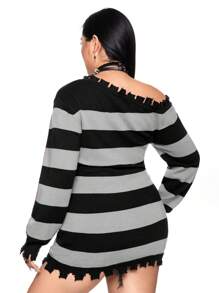 ROMWE Grunge Punk Plus Size Long Ripped Red & Black Striped Pullover Sweater - Multicolor - View 3