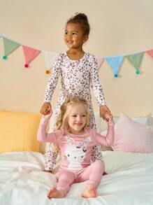 4pcs Infant Baby Girls Pink Series Rabbit And Floral Print Snug Fit Pajama Set, Long Pants And Long Sleeve Tops - Pink - View 4
