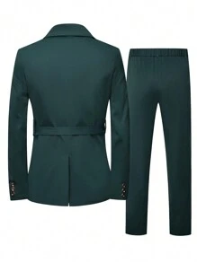 Manfinity Mode 1 套男士纯色前扣长袖上衣和长裤套装，简约风格 - 墨綠色 - 查看 2