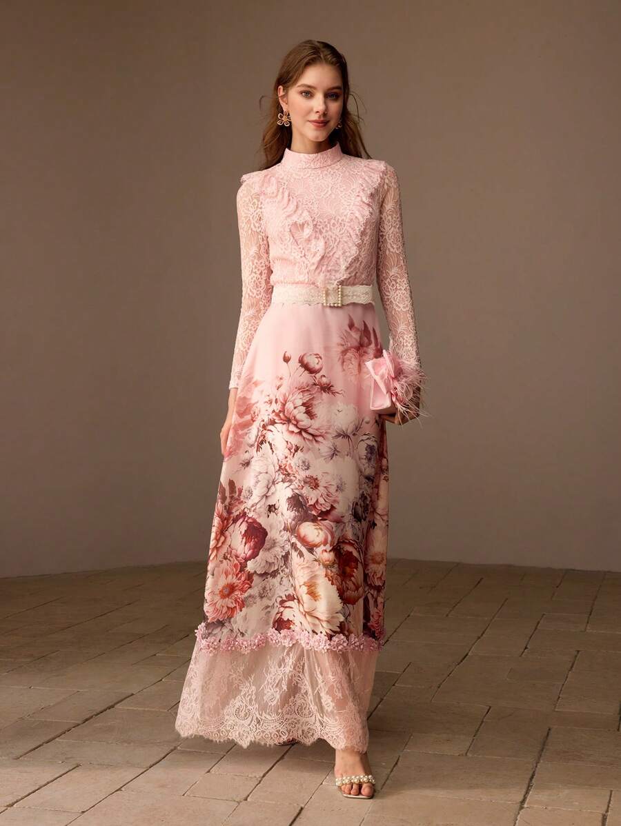 MOTF PREMIUM FLORAL PRINT LACE BODICE MOCK NECK RUFFLE TRIM LONG DRESS WITHOUT BELT