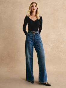 Poéselle Suéter de punto acanalado con ribete de concha, todo negro, estilo elegante, parte superior de manga larga para otoño/invierno - Negro - Ver 5