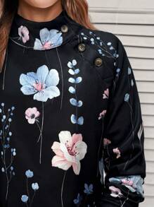 SHEIN LUNE 女士秋季休闲花卉印花立领运动衫 - 黑色 - 查看 6